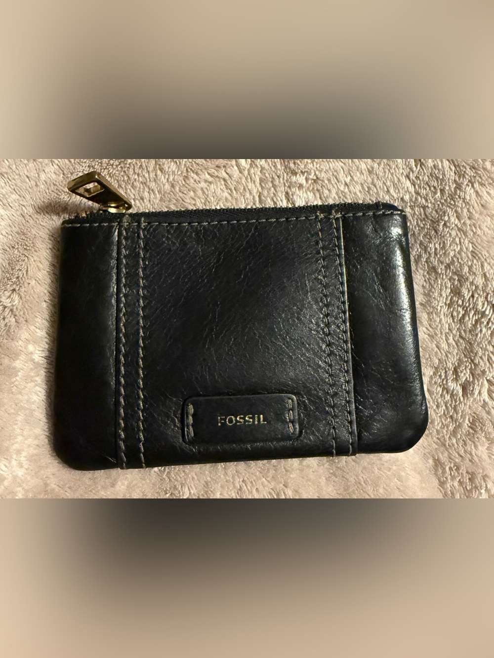Fossil Black Leather Card Wallet with Gold Zip Accent